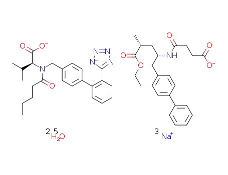 trisodium [3-((1S,3R)-1-biphenyl-4-yl-methyl-3-ethoxycarbonyl-1-butylcarbamoyl)propionate-(S)-3’-methyl-2’-(pentanoyl{2”-(tetrazol-5-ylate)biphenyl-4’-yl-methyl}amino)butyrate] hemipentahydrate